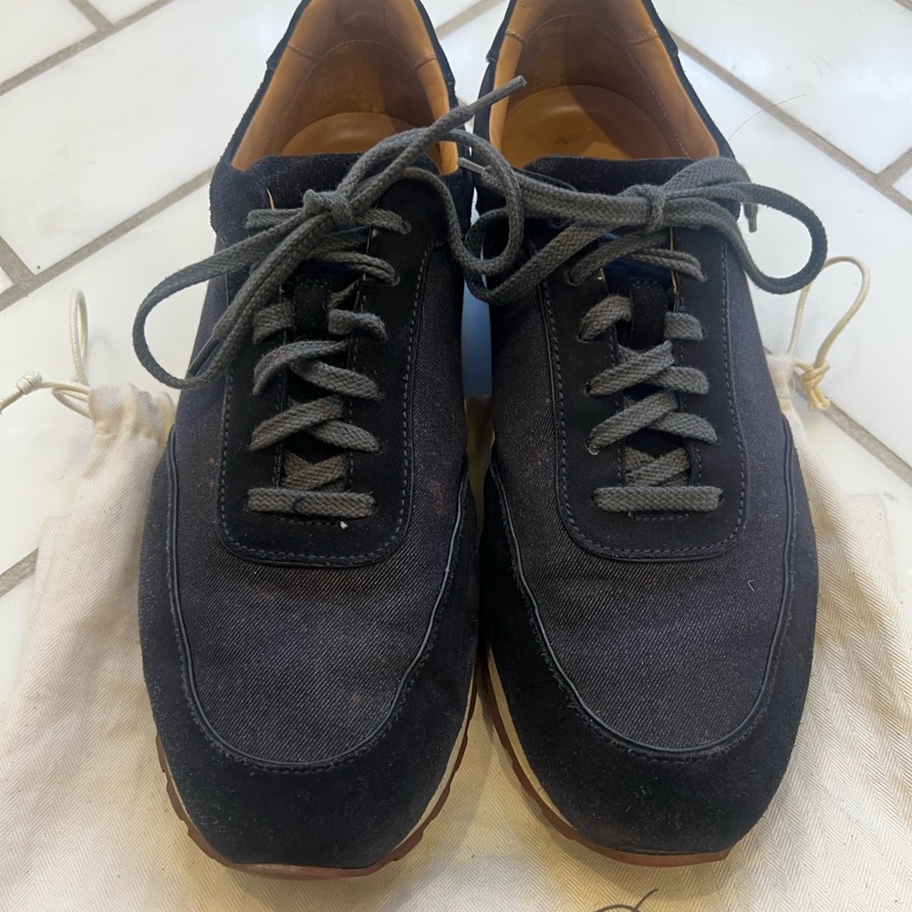 Loro Piana Walking sneaker. 43.5.  Navy blue with suede and denim.